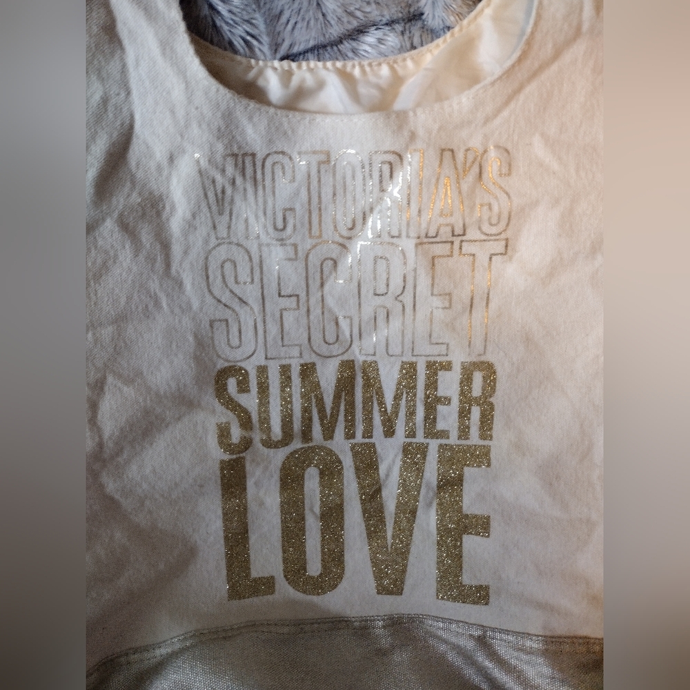 Victoria's Secret Summer Love Shimmer Canvas Sparkle Gold Tote Bag - Picture 2 of 4